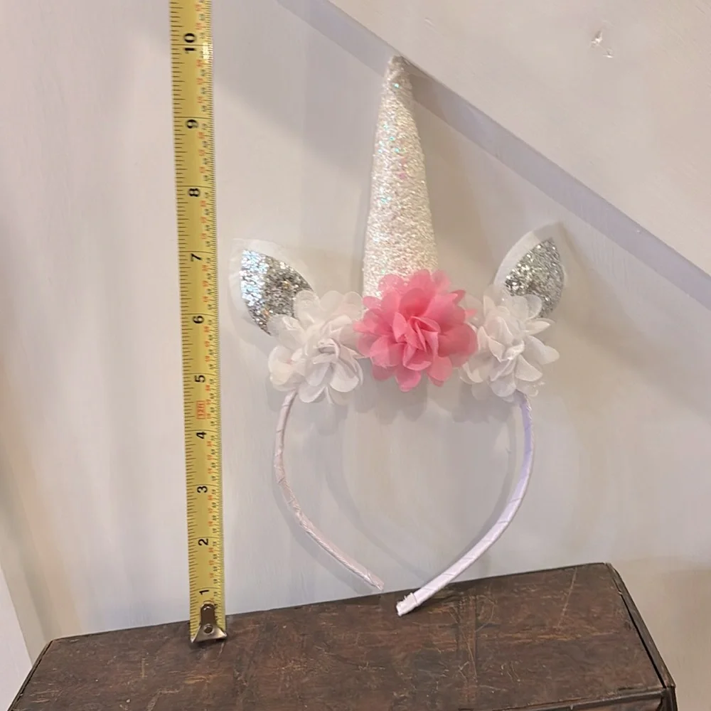 Sparkly Floral Unicorn Girls Headband White Silver Pink